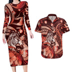 Personalised Maori Romantic Valentine Couples Matching Long Sleeve Bodycon Dress and Hawaiian Shirt The Hongi Kiss Red Galaxy