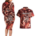 Personalised Maori Romantic Valentine Couples Matching Long Sleeve Bodycon Dress and Hawaiian Shirt The Hongi Kiss Red Galaxy