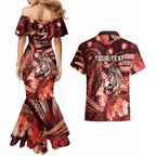 Personalised Maori Romantic Valentine Couples Matching Mermaid Dress and Hawaiian Shirt The Hongi Kiss Red Galaxy