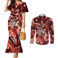 Personalised Maori Romantic Valentine Couples Matching Mermaid Dress and Long Sleeve Button Shirt The Hongi Kiss Red Galaxy