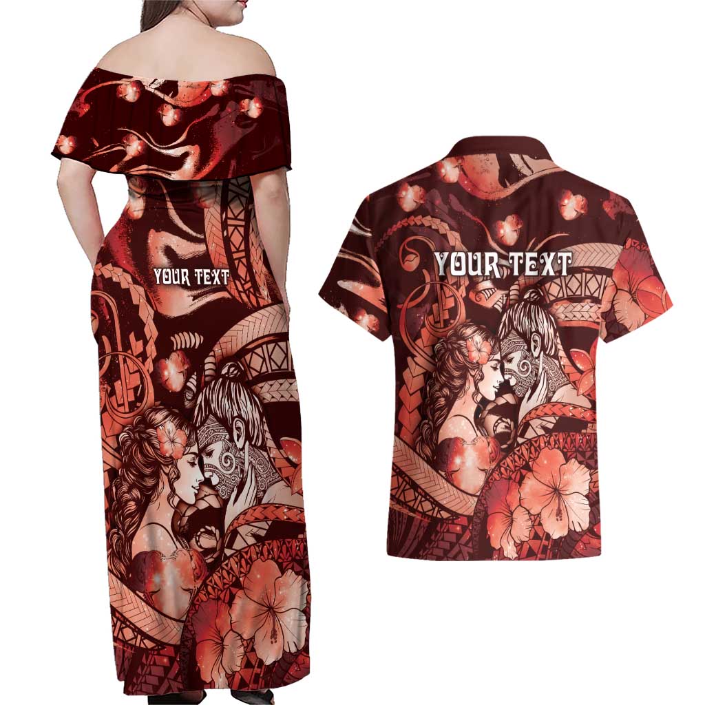 Personalised Maori Romantic Valentine Couples Matching Off Shoulder Maxi Dress and Hawaiian Shirt The Hongi Kiss Red Galaxy