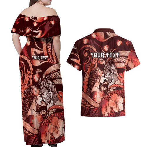 Personalised Maori Romantic Valentine Couples Matching Off Shoulder Maxi Dress and Hawaiian Shirt The Hongi Kiss Red Galaxy