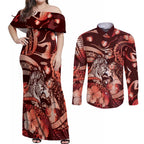 Personalised Maori Romantic Valentine Couples Matching Off Shoulder Maxi Dress and Long Sleeve Button Shirt The Hongi Kiss Red Galaxy