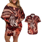 Personalised Maori Romantic Valentine Couples Matching Off Shoulder Short Dress and Hawaiian Shirt The Hongi Kiss Red Galaxy
