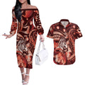 Personalised Maori Romantic Valentine Couples Matching Off The Shoulder Long Sleeve Dress and Hawaiian Shirt The Hongi Kiss Red Galaxy