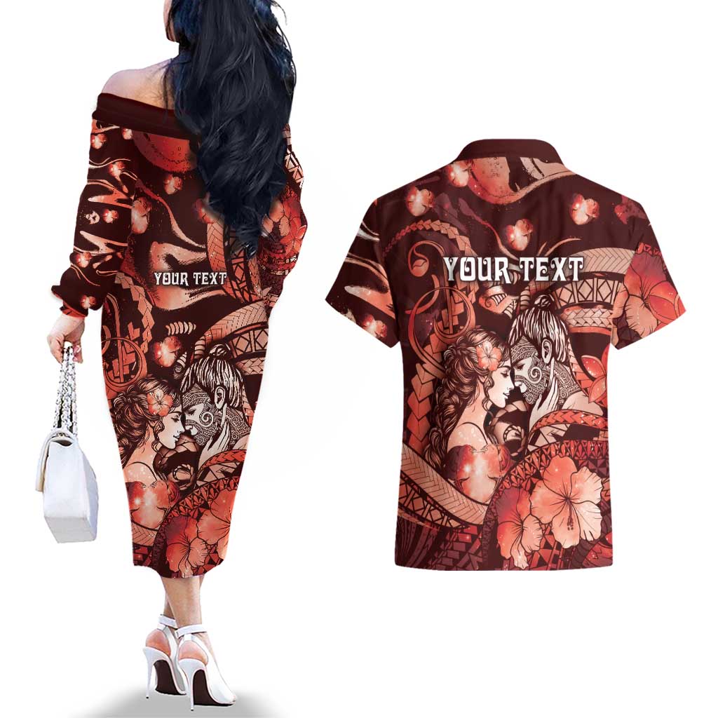 Personalised Maori Romantic Valentine Couples Matching Off The Shoulder Long Sleeve Dress and Hawaiian Shirt The Hongi Kiss Red Galaxy
