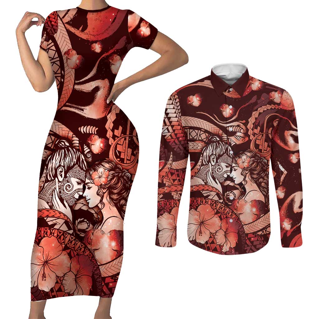 Personalised Maori Romantic Valentine Couples Matching Short Sleeve Bodycon Dress and Long Sleeve Button Shirt The Hongi Kiss Red Galaxy