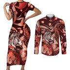 Personalised Maori Romantic Valentine Couples Matching Short Sleeve Bodycon Dress and Long Sleeve Button Shirt The Hongi Kiss Red Galaxy