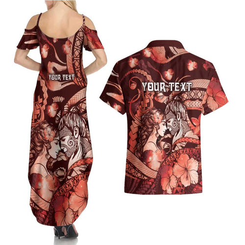Personalised Maori Romantic Valentine Couples Matching Summer Maxi Dress and Hawaiian Shirt The Hongi Kiss Red Galaxy
