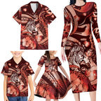 Personalised Maori Romantic Valentine Family Matching Long Sleeve Bodycon Dress and Hawaiian Shirt The Hongi Kiss Red Galaxy