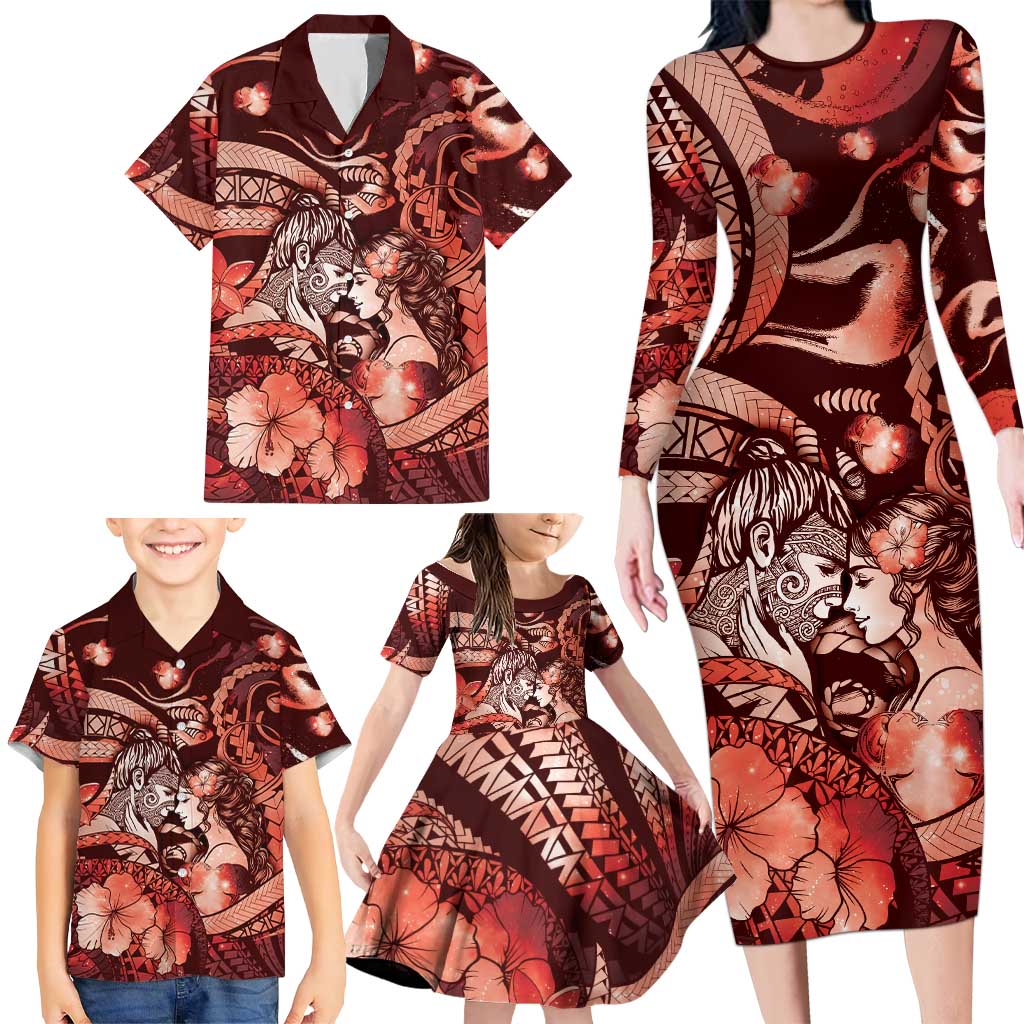 Personalised Maori Romantic Valentine Family Matching Long Sleeve Bodycon Dress and Hawaiian Shirt The Hongi Kiss Red Galaxy