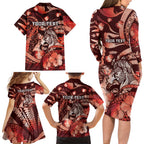 Personalised Maori Romantic Valentine Family Matching Long Sleeve Bodycon Dress and Hawaiian Shirt The Hongi Kiss Red Galaxy