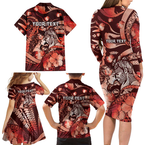 Personalised Maori Romantic Valentine Family Matching Long Sleeve Bodycon Dress and Hawaiian Shirt The Hongi Kiss Red Galaxy