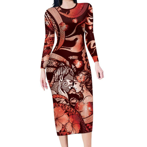 Personalised Maori Romantic Valentine Family Matching Long Sleeve Bodycon Dress and Hawaiian Shirt The Hongi Kiss Red Galaxy