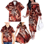 Personalised Maori Romantic Valentine Family Matching Off The Shoulder Long Sleeve Dress and Hawaiian Shirt The Hongi Kiss Red Galaxy