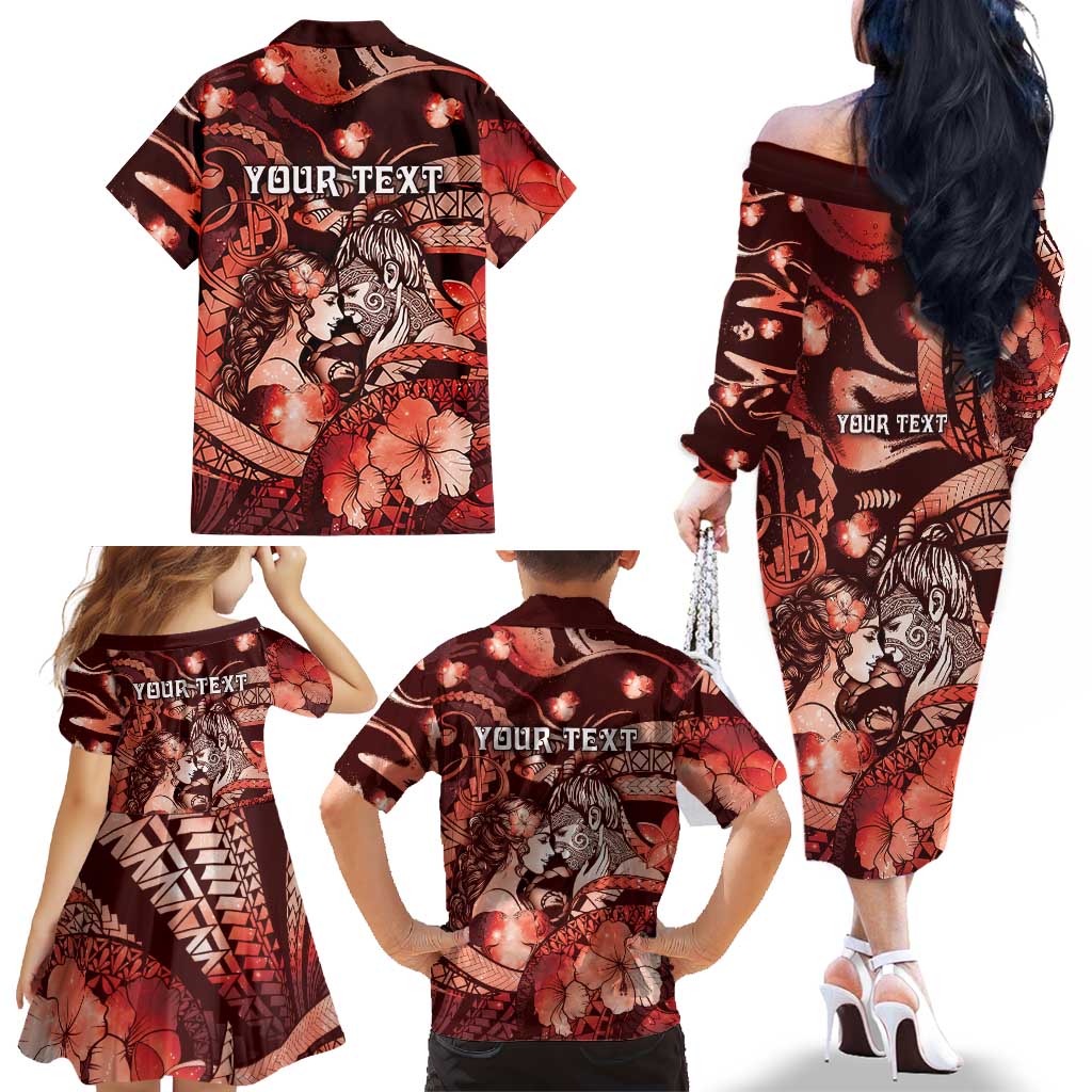 Personalised Maori Romantic Valentine Family Matching Off The Shoulder Long Sleeve Dress and Hawaiian Shirt The Hongi Kiss Red Galaxy
