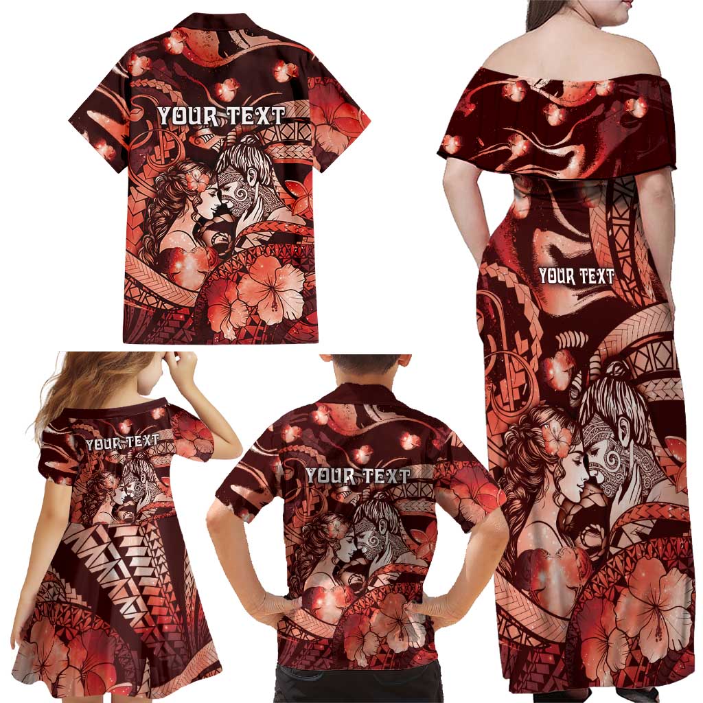 Personalised Maori Romantic Valentine Family Matching Off Shoulder Maxi Dress and Hawaiian Shirt The Hongi Kiss Red Galaxy