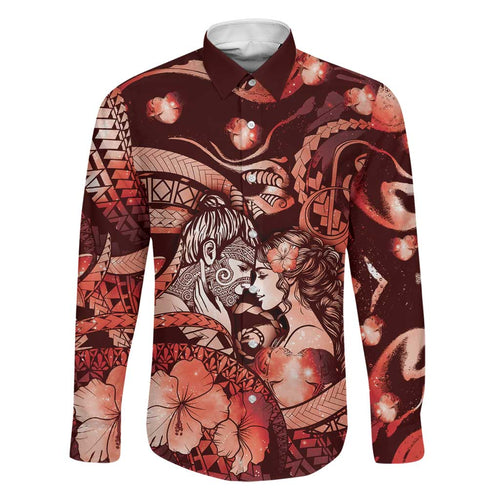 Personalised Maori Romantic Valentine Family Matching Off Shoulder Maxi Dress and Hawaiian Shirt The Hongi Kiss Red Galaxy