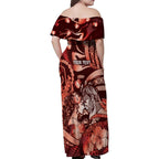 Personalised Maori Romantic Valentine Family Matching Off Shoulder Maxi Dress and Hawaiian Shirt The Hongi Kiss Red Galaxy