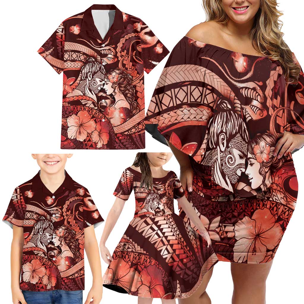 Personalised Maori Romantic Valentine Family Matching Off Shoulder Short Dress and Hawaiian Shirt The Hongi Kiss Red Galaxy