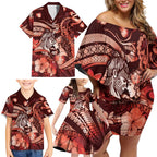 Personalised Maori Romantic Valentine Family Matching Off Shoulder Short Dress and Hawaiian Shirt The Hongi Kiss Red Galaxy