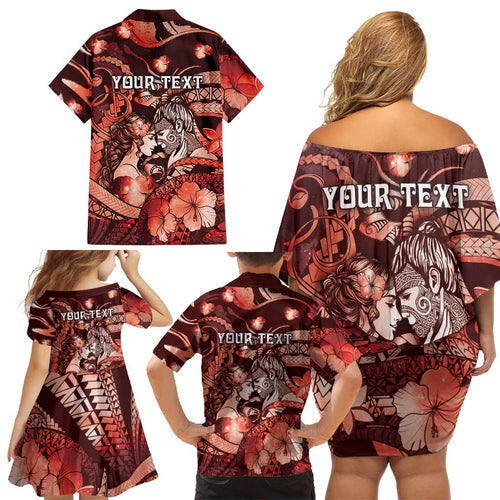 Personalised Maori Romantic Valentine Family Matching Off Shoulder Short Dress and Hawaiian Shirt The Hongi Kiss Red Galaxy