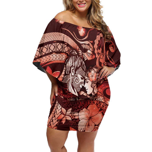 Personalised Maori Romantic Valentine Family Matching Off Shoulder Short Dress and Hawaiian Shirt The Hongi Kiss Red Galaxy