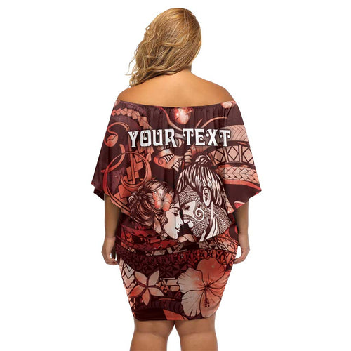 Personalised Maori Romantic Valentine Family Matching Off Shoulder Short Dress and Hawaiian Shirt The Hongi Kiss Red Galaxy