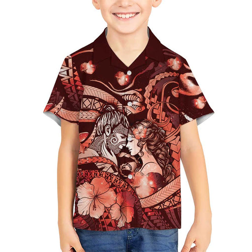 Personalised Maori Romantic Valentine Family Matching Puletasi and Hawaiian Shirt The Hongi Kiss Red Galaxy