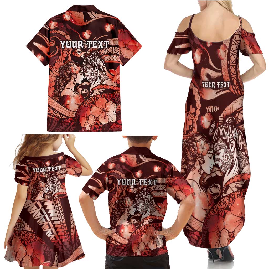 Personalised Maori Romantic Valentine Family Matching Summer Maxi Dress and Hawaiian Shirt The Hongi Kiss Red Galaxy