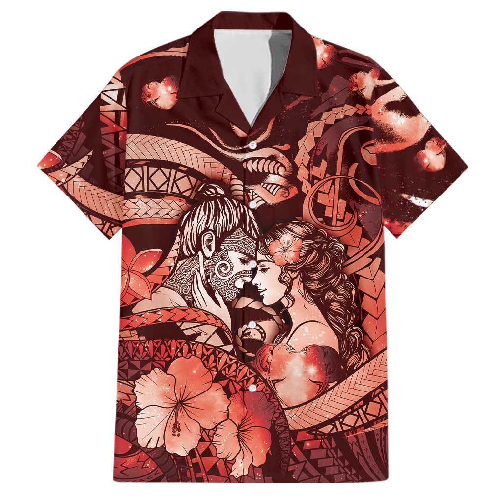 Personalised Maori Romantic Valentine Family Matching Summer Maxi Dress and Hawaiian Shirt The Hongi Kiss Red Galaxy