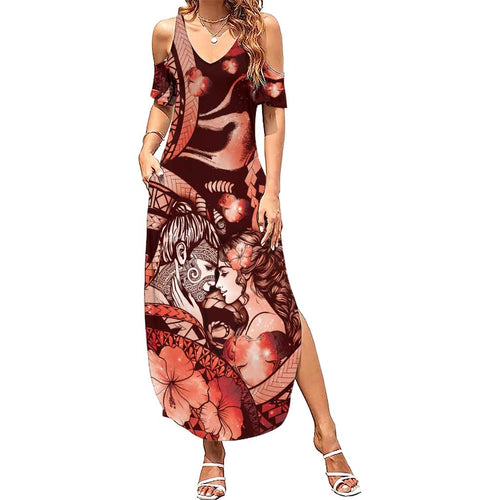 Personalised Maori Romantic Valentine Family Matching Summer Maxi Dress and Hawaiian Shirt The Hongi Kiss Red Galaxy