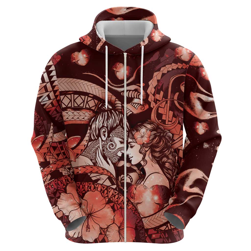 Personalised Maori Romantic Valentine Hoodie The Hongi Kiss Red Galaxy