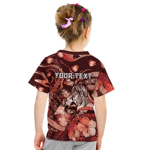 Personalised Maori Romantic Valentine Kid T Shirt The Hongi Kiss Red Galaxy