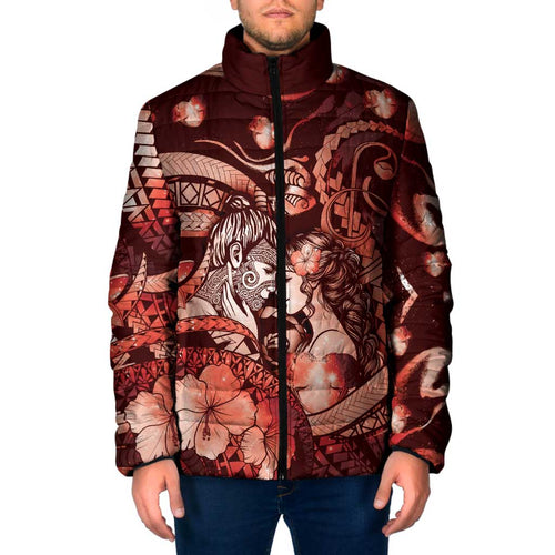 Personalised Maori Romantic Valentine Padded Jacket The Hongi Kiss Red Galaxy