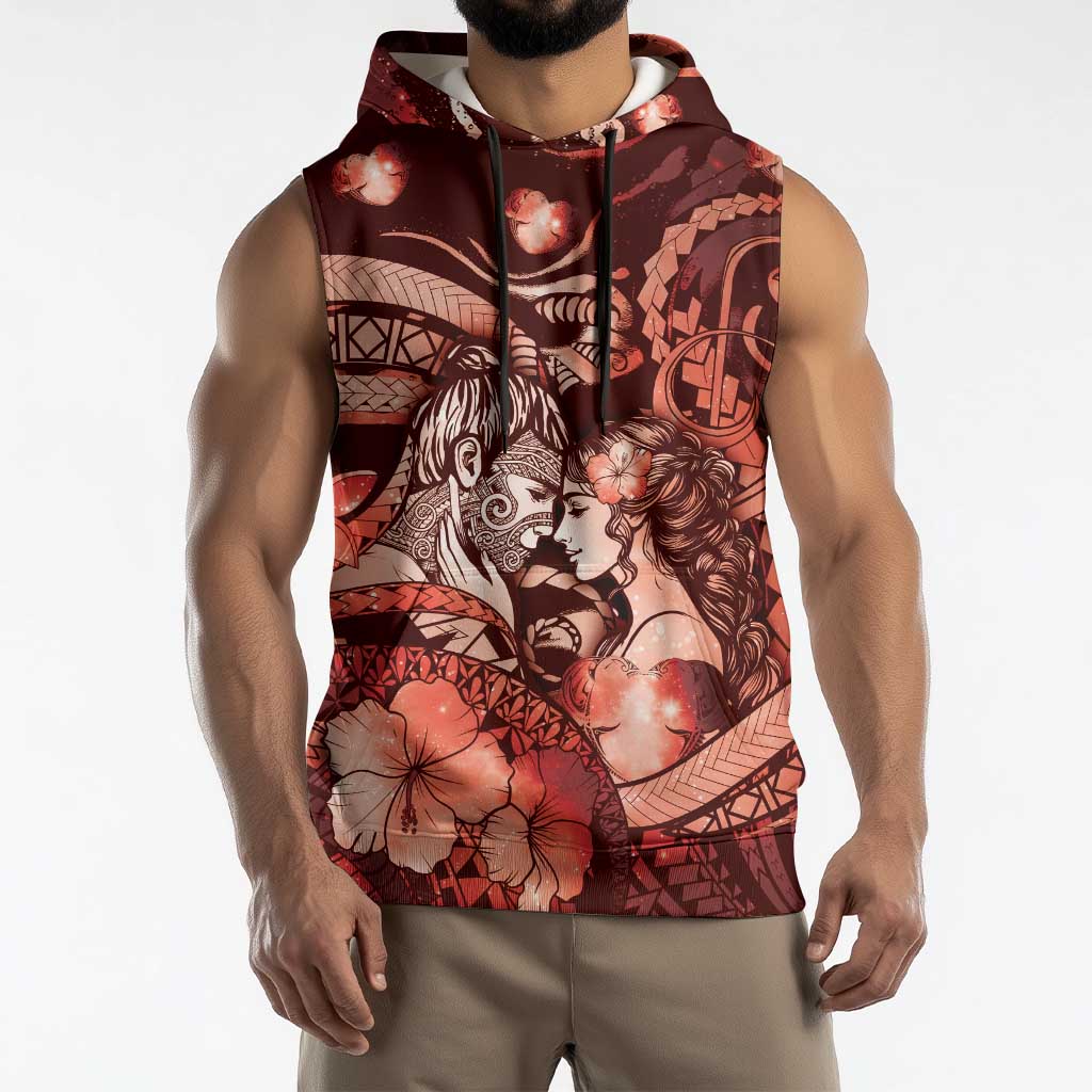 Personalised Maori Romantic Valentine Sleeveless Hoodie The Hongi Kiss Red Galaxy