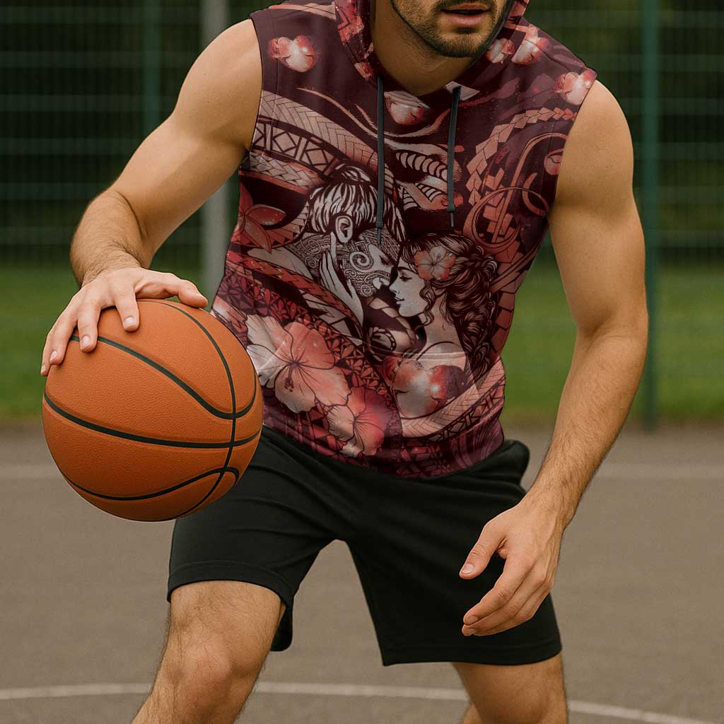 Personalised Maori Romantic Valentine Sleeveless Hoodie The Hongi Kiss Red Galaxy