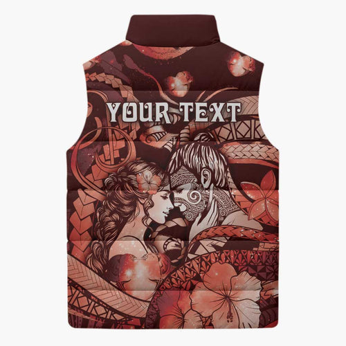 Personalised Maori Romantic Valentine Sleeveless Puffer Jacket The Hongi Kiss Red Galaxy