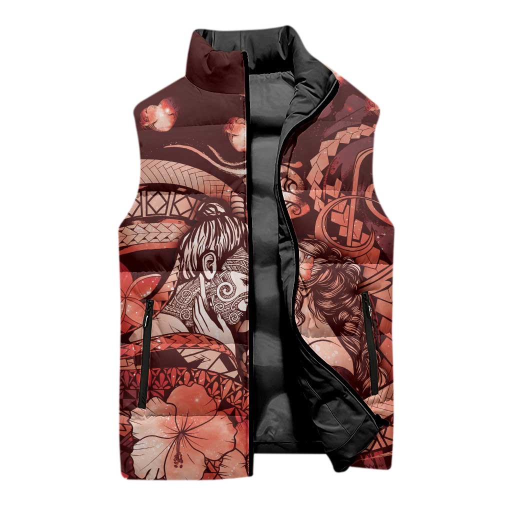 Personalised Maori Romantic Valentine Sleeveless Puffer Jacket The Hongi Kiss Red Galaxy