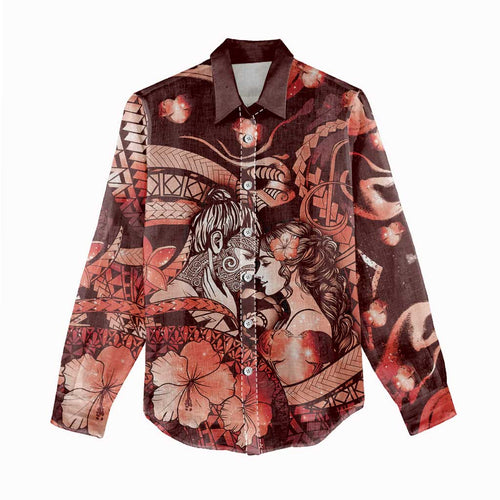 Personalised Maori Romantic Valentine Women Casual Shirt The Hongi Kiss Red Galaxy