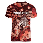 Personalised Maori Romantic Valentine Women V-Neck T-Shirt The Hongi Kiss Red Galaxy
