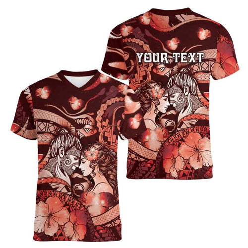 Personalised Maori Romantic Valentine Women V-Neck T-Shirt The Hongi Kiss Red Galaxy