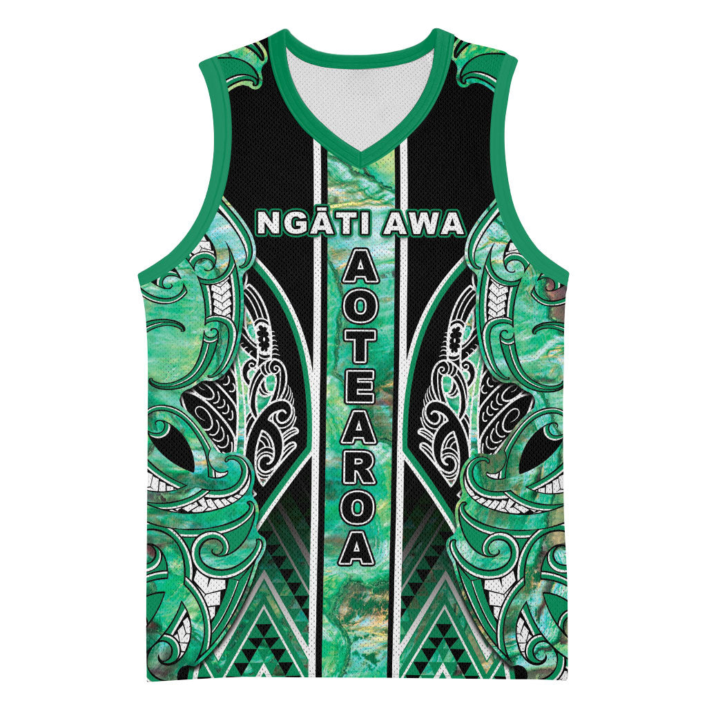 Aotearoa Ngati Awa Basketball Jersey Maori Tribal Green Marble Paua Shell Pattern