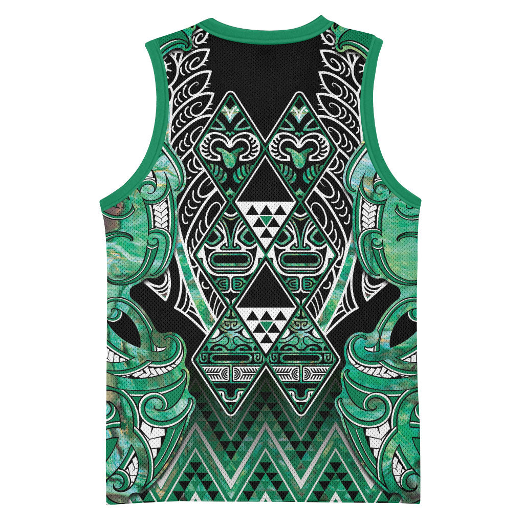Aotearoa Ngati Awa Basketball Jersey Maori Tribal Green Marble Paua Shell Pattern