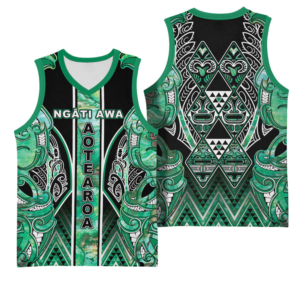 Aotearoa Ngati Awa Basketball Jersey Maori Tribal Green Marble Paua Shell Pattern