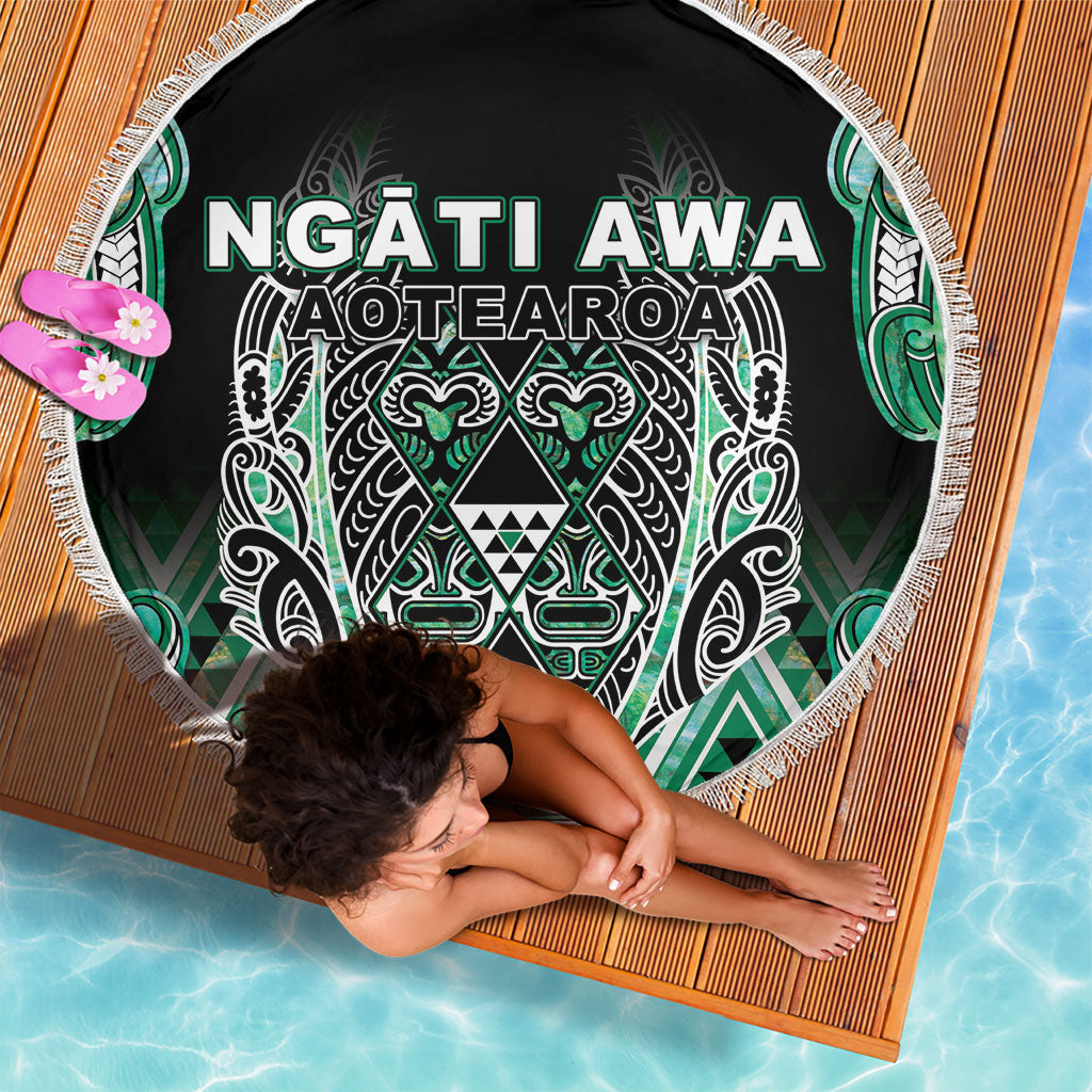 Aotearoa Ngati Awa Beach Blanket Maori Tribal Green Marble Paua Shell Pattern