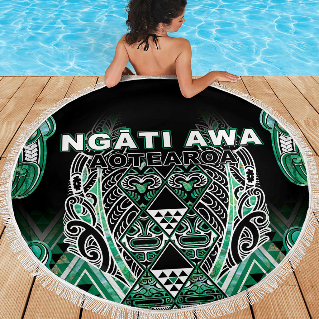 Aotearoa Ngati Awa Beach Blanket Maori Tribal Green Marble Paua Shell Pattern