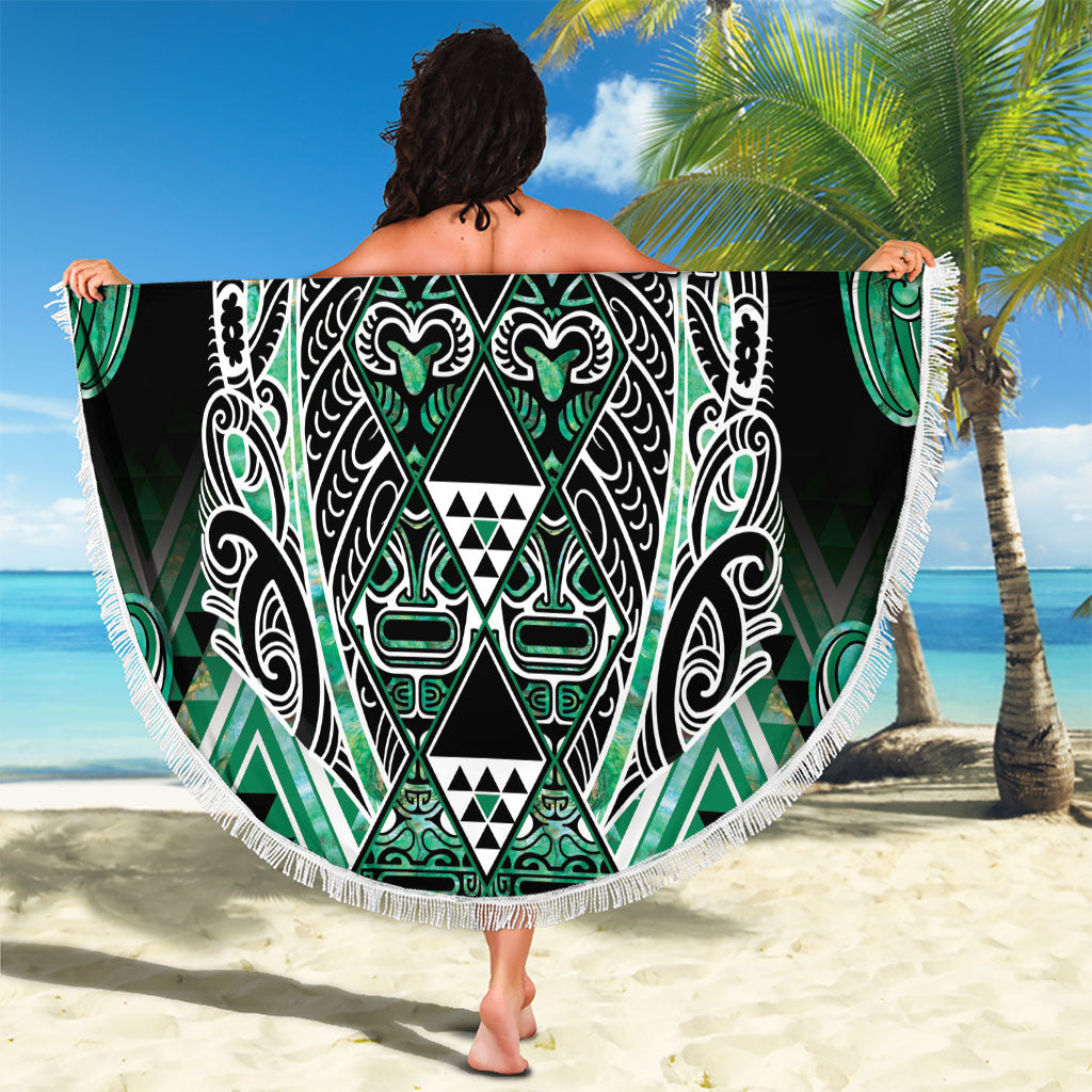 Aotearoa Ngati Awa Beach Blanket Maori Tribal Green Marble Paua Shell Pattern
