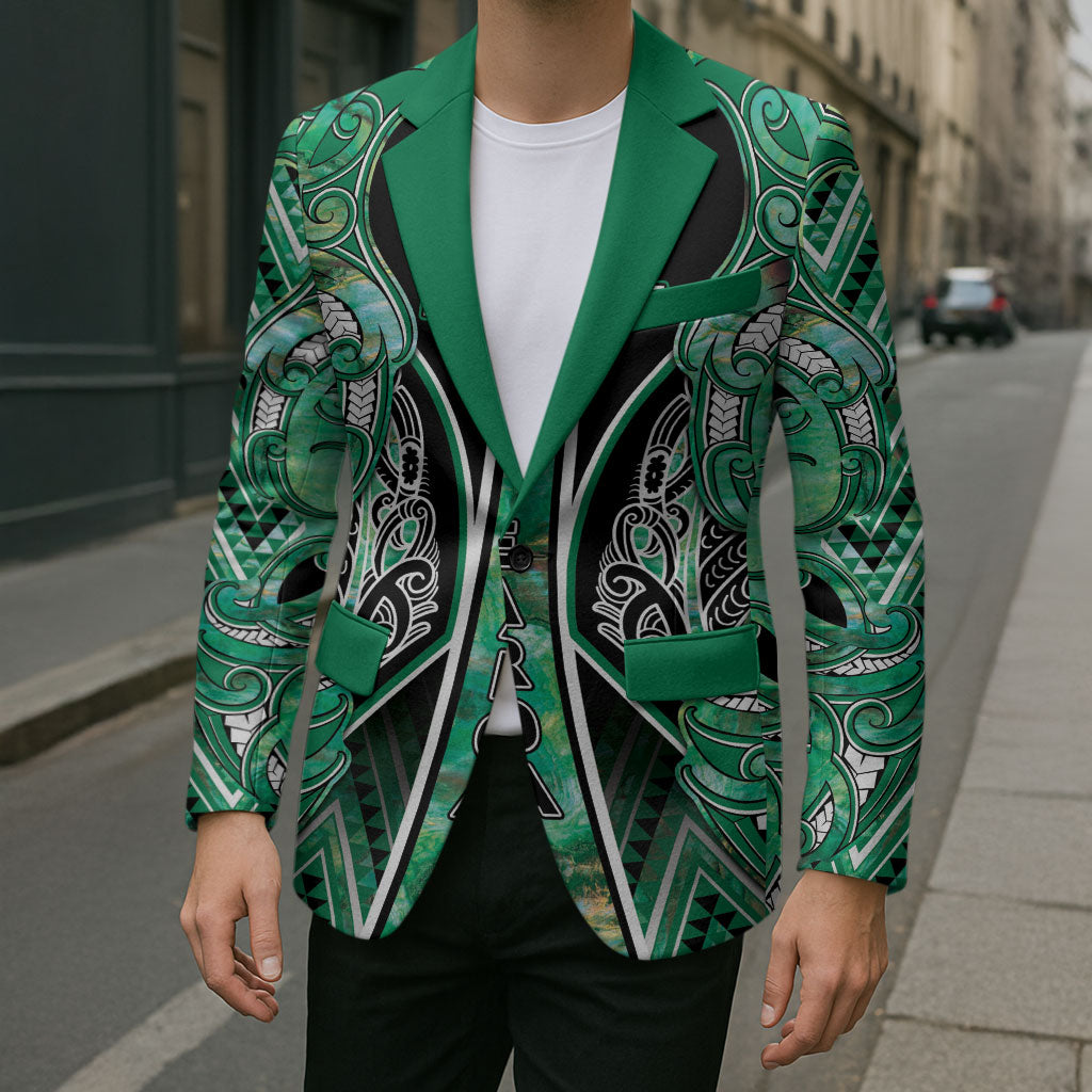 Aotearoa Ngati Awa Blazer Maori Tribal Green Marble Paua Shell Pattern