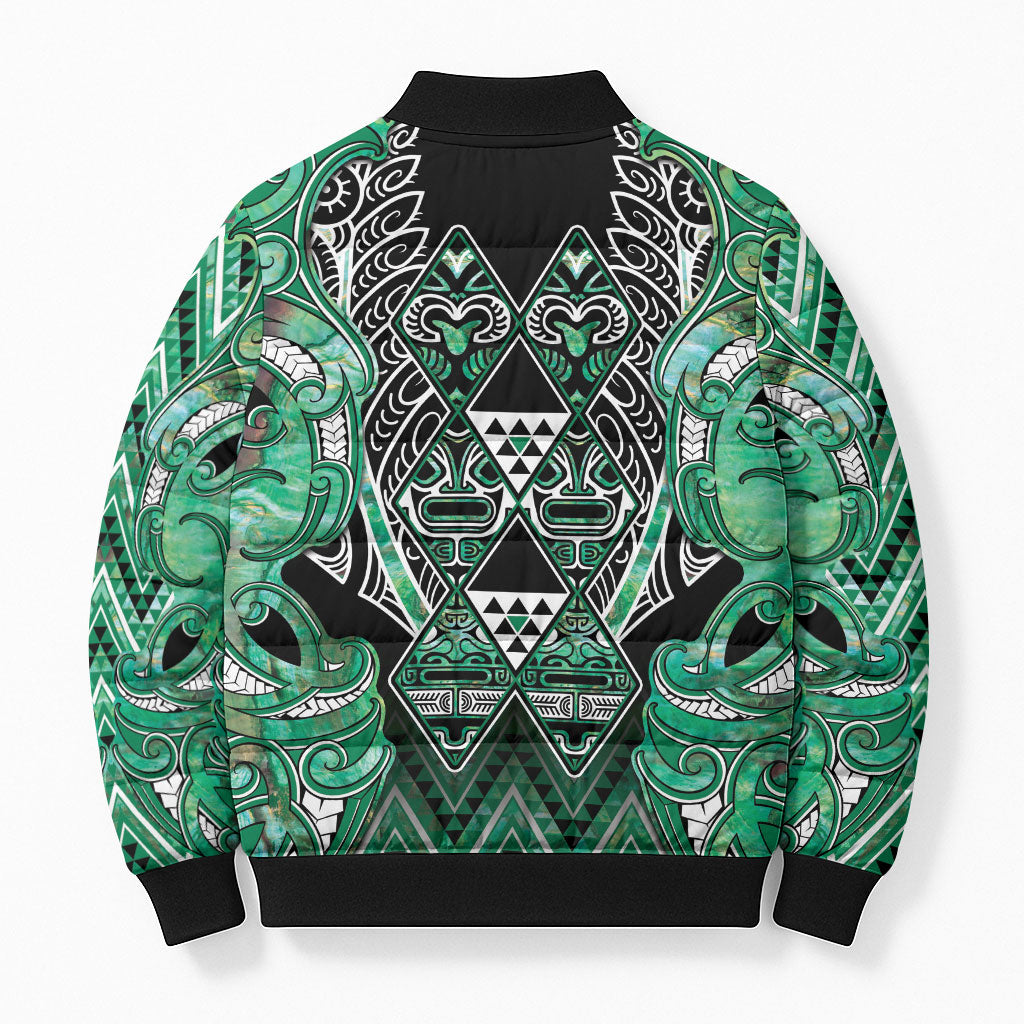 Aotearoa Ngati Awa Bomber Puffer Jacket Maori Tribal Green Marble Paua Shell Pattern